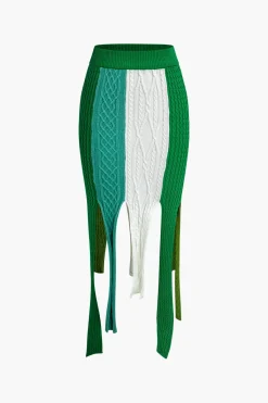 MICAS Knitwear|Skirts-Contrast Fringe Hem Knit Midi Skirt