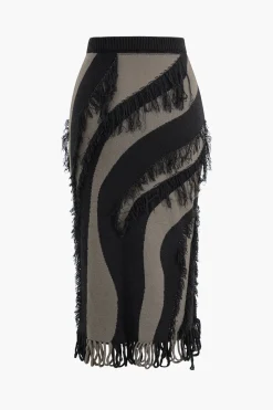 MICAS Skirts-Contrast Fringe Skirt BLACK
