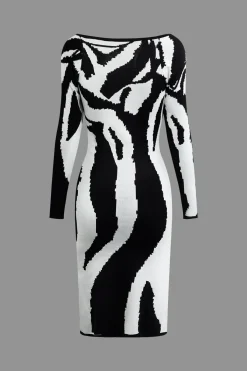 MICAS Long Sleeve Dresses|Knitwear-Contrast Knit Long Sleeve Dress BLACK