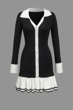 MICAS Long Sleeve Dresses|Knitwear-Contrast Knit Bowknot Back Pleated Mini Dress