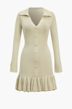 MICAS Long Sleeve Dresses|Knitwear-Contrast Knit Bowknot Back Pleated Mini Dress