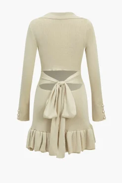 MICAS Long Sleeve Dresses|Knitwear-Contrast Knit Bowknot Back Pleated Mini Dress