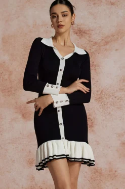 MICAS Long Sleeve Dresses|Knitwear-Contrast Knit Bowknot Back Pleated Mini Dress