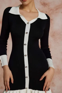 MICAS Long Sleeve Dresses|Knitwear-Contrast Knit Bowknot Back Pleated Mini Dress