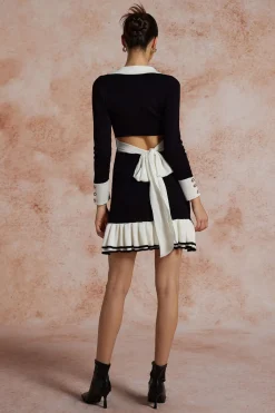 MICAS Long Sleeve Dresses|Knitwear-Contrast Knit Bowknot Back Pleated Mini Dress