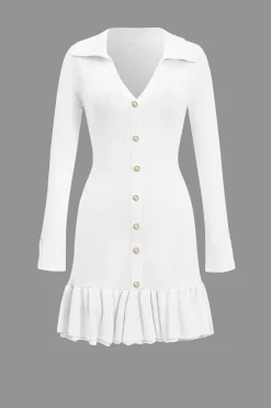 MICAS Long Sleeve Dresses|Knitwear-Contrast Knit Bowknot Back Pleated Mini Dress