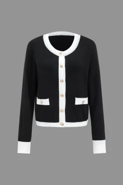 MICAS Knit Sets-Contrast Knit Button Patchwork Top And Pants Set BLACK