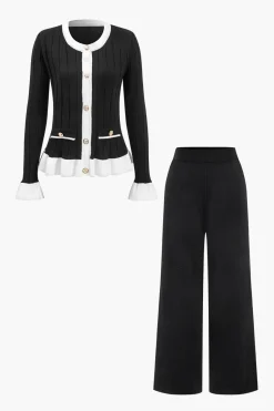 MICAS Knitwear|Knit Sets-Contrast Knit Button Ruffle Top And Pants Set BLACK