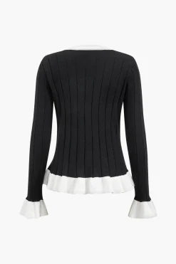 MICAS Knitwear|Knit Sets-Contrast Knit Button Ruffle Top And Pants Set BLACK