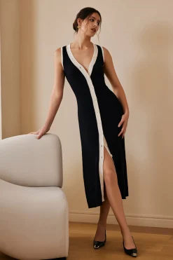 MICAS Knit Dresses-Contrast Knit Button Up Midi Dress Contrast Color