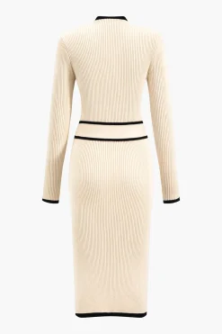MICAS Long Sleeve Dresses|Knitwear-Contrast Knit Tie-Up Long Sleeve Dress BEIGE