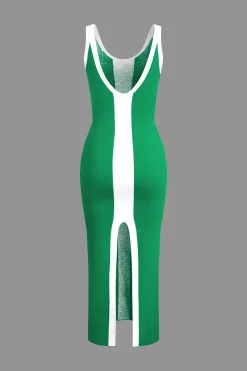 MICAS Knit Dresses-Contrast Knitted Slit Midi Dress