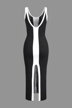 MICAS Knit Dresses-Contrast Knitted Slit Midi Dress