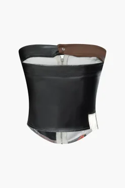 MICAS Tube Tops-Contrast Letter Print Faux Leather Zipper Strapless Top BLACK