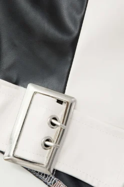 MICAS Tube Tops-Contrast Letter Print Faux Leather Zipper Strapless Top BLACK