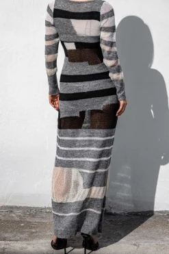 MICAS Knit Dresses-Contrast Long Sleeve Round Neck Open Knit Maxi Dress GRAY