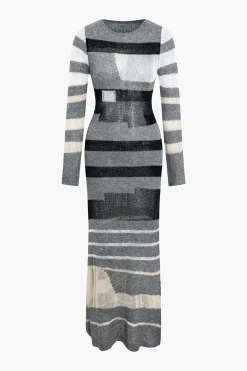 MICAS Knit Dresses-Contrast Long Sleeve Round Neck Open Knit Maxi Dress GRAY