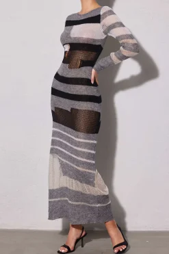 MICAS Knit Dresses-Contrast Long Sleeve Round Neck Open Knit Maxi Dress GRAY