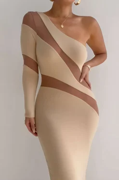 MICAS Long Sleeve Dresses|Maxi Dresses-Contrast Mesh Patchwork Maxi Dress