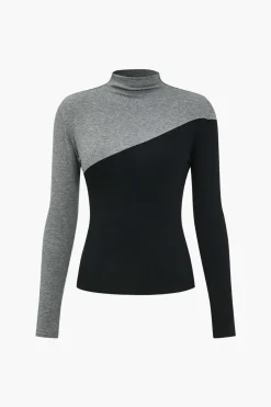 MICAS Long Sleeve Tops|Long Sleeves Tops-Contrast Mock Neck Long-Sleeve Top Contrast Color