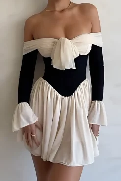 MICAS Long Sleeve Dresses|Mini Dresses-Contrast Off Shoulder Knot Bell Sleeve Pleated Mini Dress BEIGE