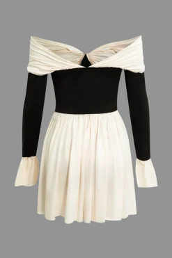 MICAS Long Sleeve Dresses|Mini Dresses-Contrast Off Shoulder Knot Bell Sleeve Pleated Mini Dress BEIGE