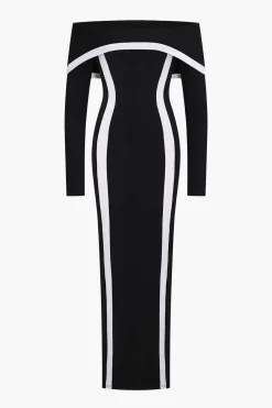 MICAS Long Sleeve Dresses|Maxi Dresses-Contrast Off Shoulder Long Sleeve Maxi Dress Contrast Color