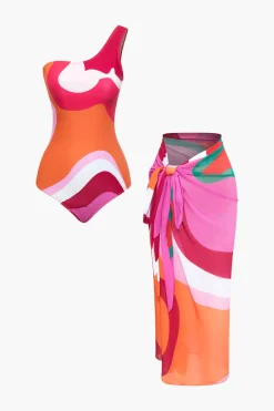 MICAS Swimwear|Vacation Sets-Contrast One Shoulder Bodysuit And Wrap Skirt Set MULTICOLOR