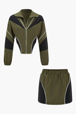 MICAS Skirt Sets-Contrast Patchwork Zipper Long-Sleeve Top And Skirt Set MILITARY