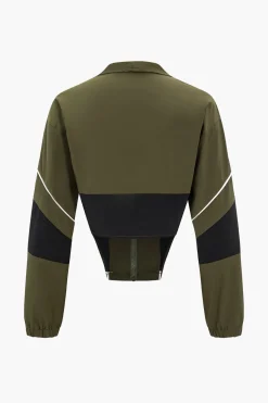 MICAS Skirt Sets-Contrast Patchwork Zipper Long-Sleeve Top And Skirt Set MILITARY