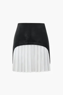 MICAS Skirts-Contrast Pleated Faux Leather Mini Skirt WHITE