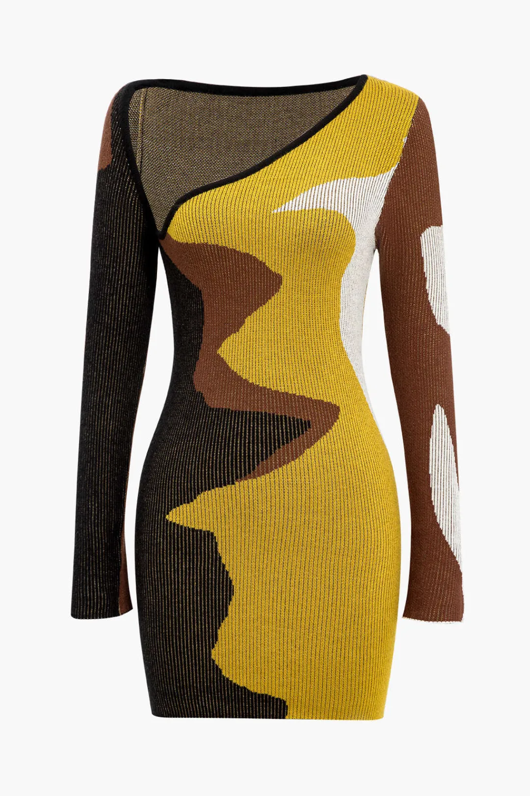 MICAS Long Sleeve Dresses|Knitwear-Contrast Print Sweater Asymmetrical Long Sleeve Dress Contrast Color