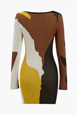 MICAS Long Sleeve Dresses|Knitwear-Contrast Print Sweater Asymmetrical Long Sleeve Dress Contrast Color