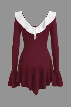 MICAS Long Sleeve Dresses|Mini Dresses-Contrast Ruffle Neck Tie Front Bell Sleeve Mini Dress