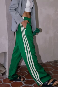 MICAS Pants-Contrast Side Stripe Pocket Elastic Waist Pants GREEN