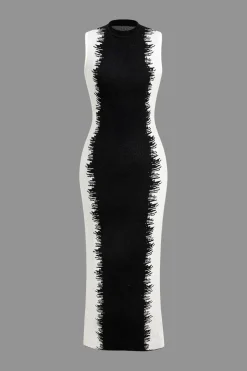 MICAS Knitwear|Knit Dresses-Contrast Sleeveless Bodycon Knit Dress BLACK