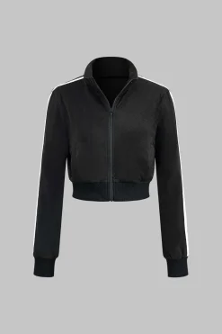 MICAS Pant Sets-Contrast Stand Collar Zipper Jacket And Patchwork Denim Pants BLACK