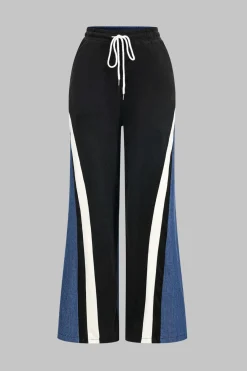 MICAS Pant Sets-Contrast Stand Collar Zipper Jacket And Patchwork Denim Pants BLACK