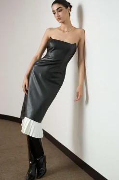 MICAS Midi Dresses-Contrast Strapless Faux Leather Pleated Midi Dress BLACK