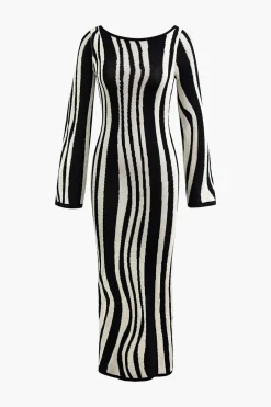 MICAS Knitwear|Knit Dresses-Contrast Stripe Round Neck Knit Maxi Dress