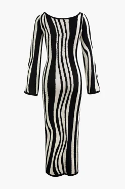 MICAS Knitwear|Knit Dresses-Contrast Stripe Round Neck Knit Maxi Dress
