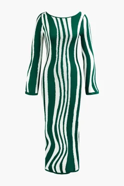 MICAS Knitwear|Knit Dresses-Contrast Stripe Round Neck Knit Maxi Dress
