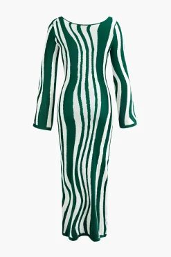 MICAS Knitwear|Knit Dresses-Contrast Stripe Round Neck Knit Maxi Dress