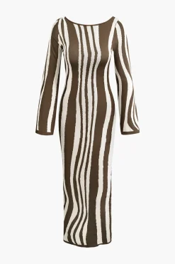 MICAS Knitwear|Knit Dresses-Contrast Stripe Round Neck Knit Maxi Dress