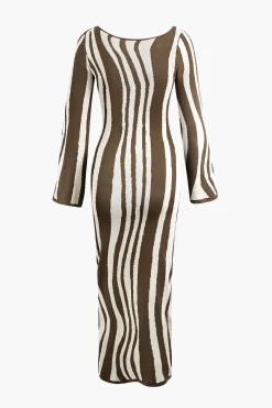 MICAS Knitwear|Knit Dresses-Contrast Stripe Round Neck Knit Maxi Dress
