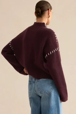 MICAS Knitwear|Knit Tops-Contrast Sweater Long-Sleeve Top BURGUNDY