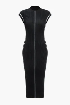 MICAS Knitwear|Knit Dresses-Contrast Sweater Midi Dress BLACK