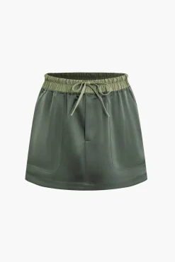 MICAS Skirts-Contrast Tie-Up Elastic Waistband Skirt MILITARY