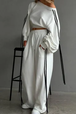 MICAS Pants-Contrast Tie-Up Wide Leg Trousers WHITE
