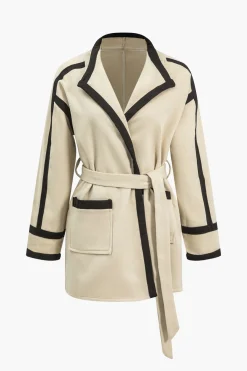 MICAS Outerwear|Outerwear-Contrast Trim Belted Wrap Coat KHAKI
